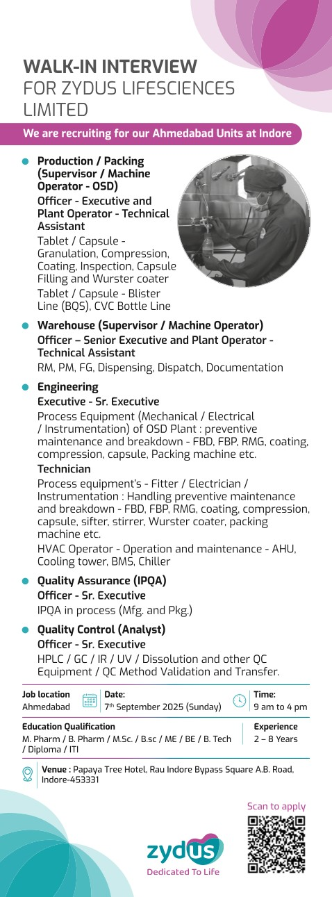 Zydus Pharma Jobs in Indore – Walk In 2025