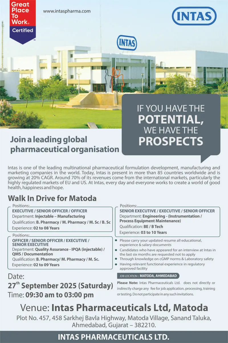 Job opening at Intas Pharma in Ahmedabad
