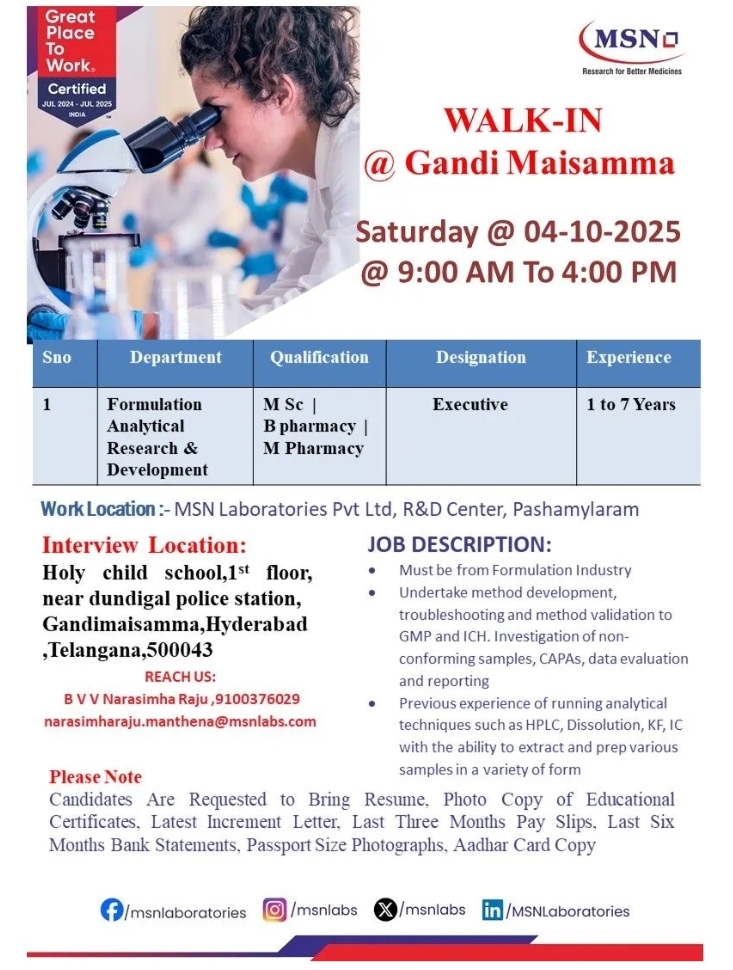 MSN Pharma Hiring Executive Jobs Hyderabad