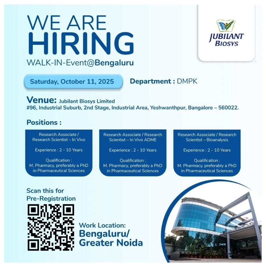 Jubilant Biosys Pharma Jobs Bengaluru Walk-In