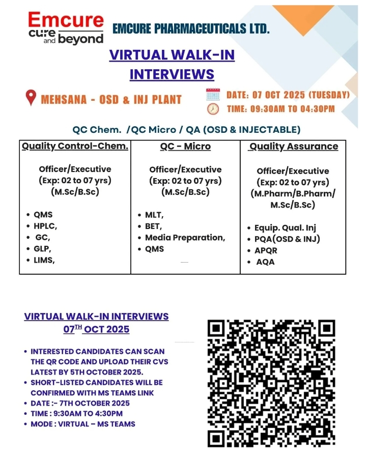 Emcure Pharma Jobs Mehsana