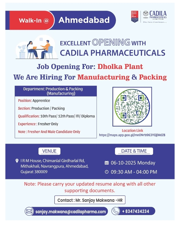 Job Opening Cadila Pharmaceuticals pharma jobs in Ahmedabad