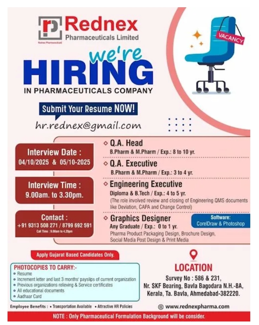 Job Opening Rednex Pharmaceuticals pharma jobs in Ahmedabad