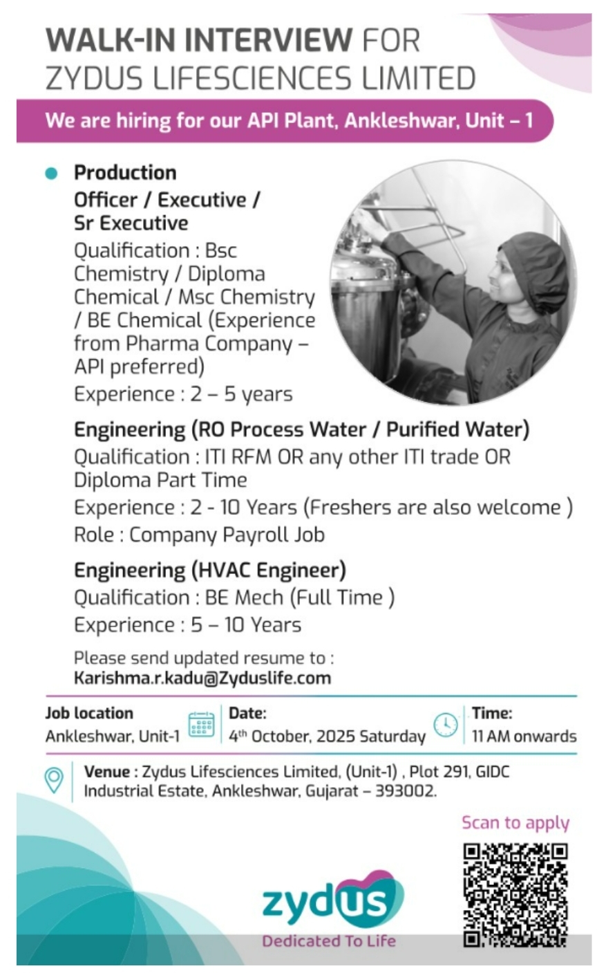 Zydus Pharma Jobs in Ankleshwar Openings