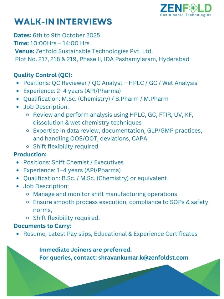 Zenfold Pharma Jobs 2025 – QC & Production Hiring