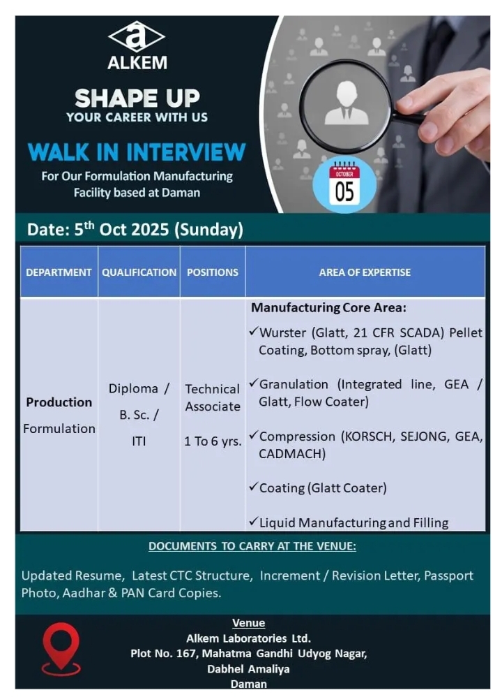 Alkem Hiring Production & Formulation Staff – Daman Walk-In