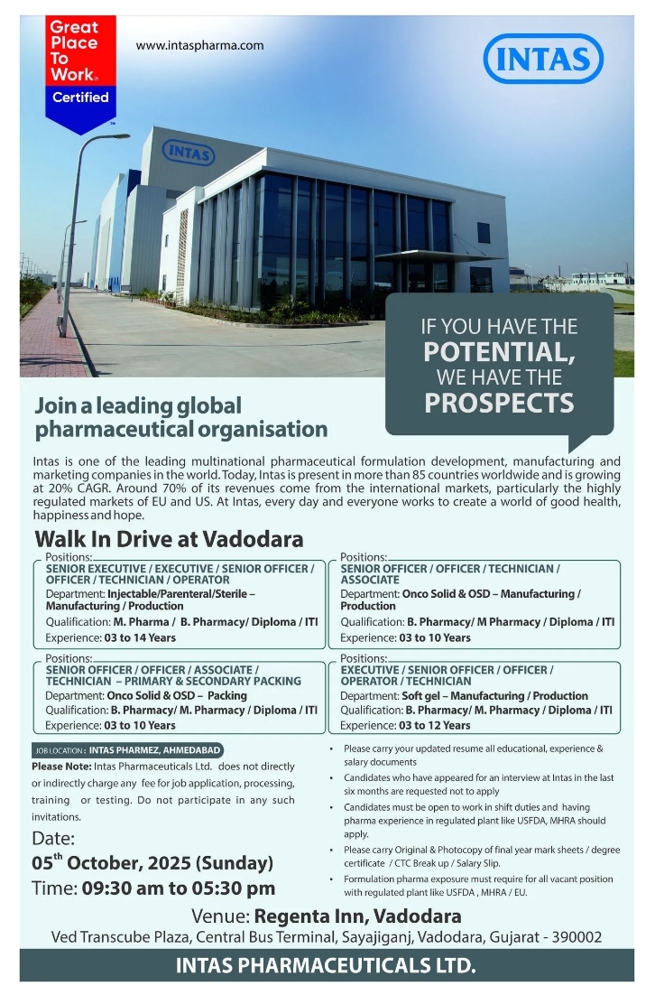 Intas Pharma jobs in Vadodara openings