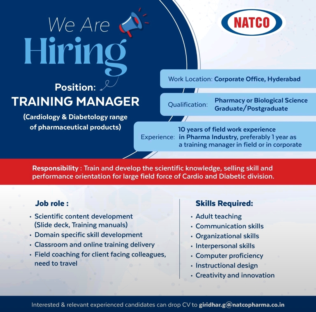 Job openings at Natco – Pharma jobs in Hyderabad