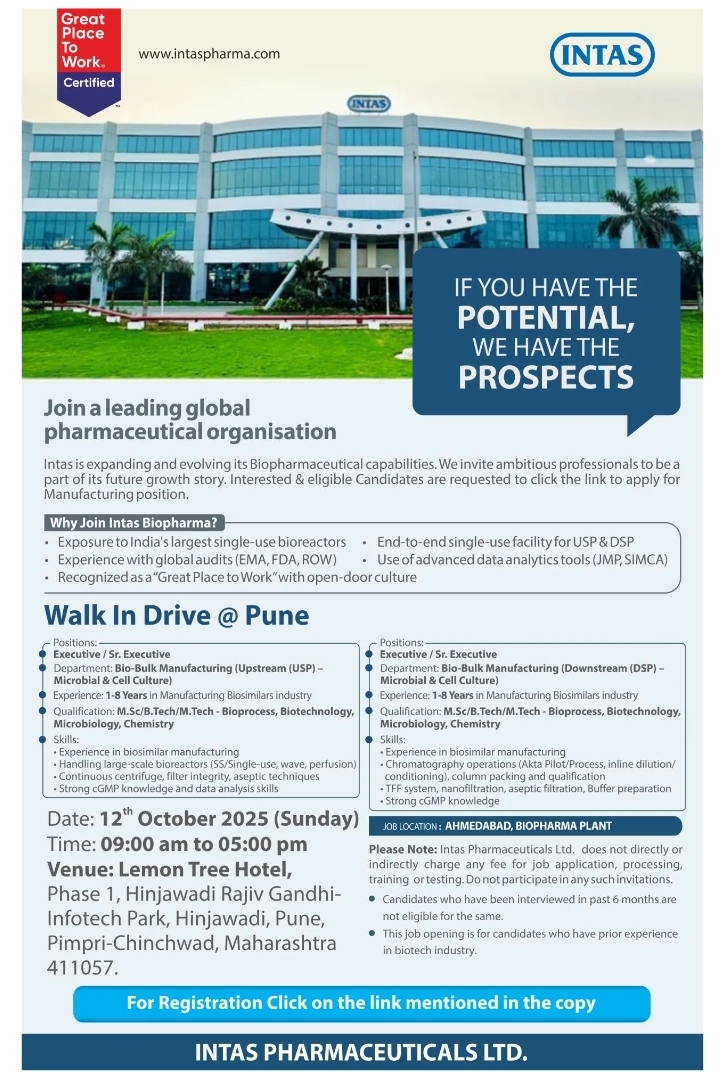 Intas Pharma Jobs in Pune Walk-In Drive 2025