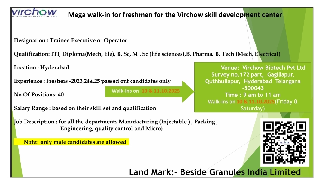 Job Openings at Virchow Biotech – Pharma Jobs in Hyderabad