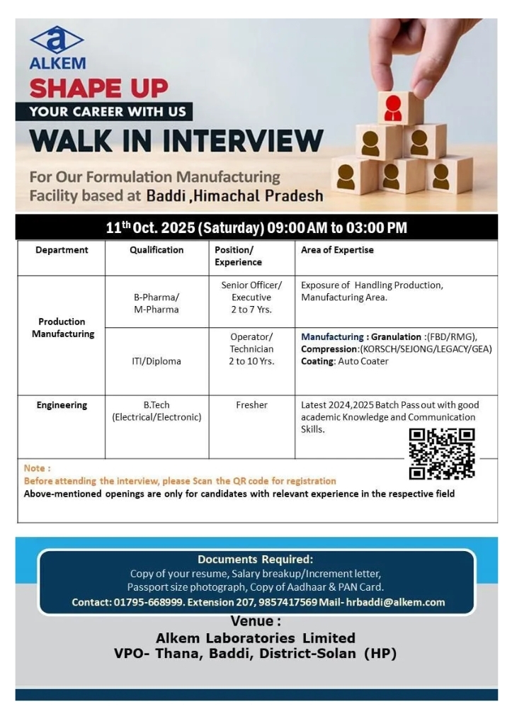 Alkem Pharma Jobs in Baddi Walk-In 2025