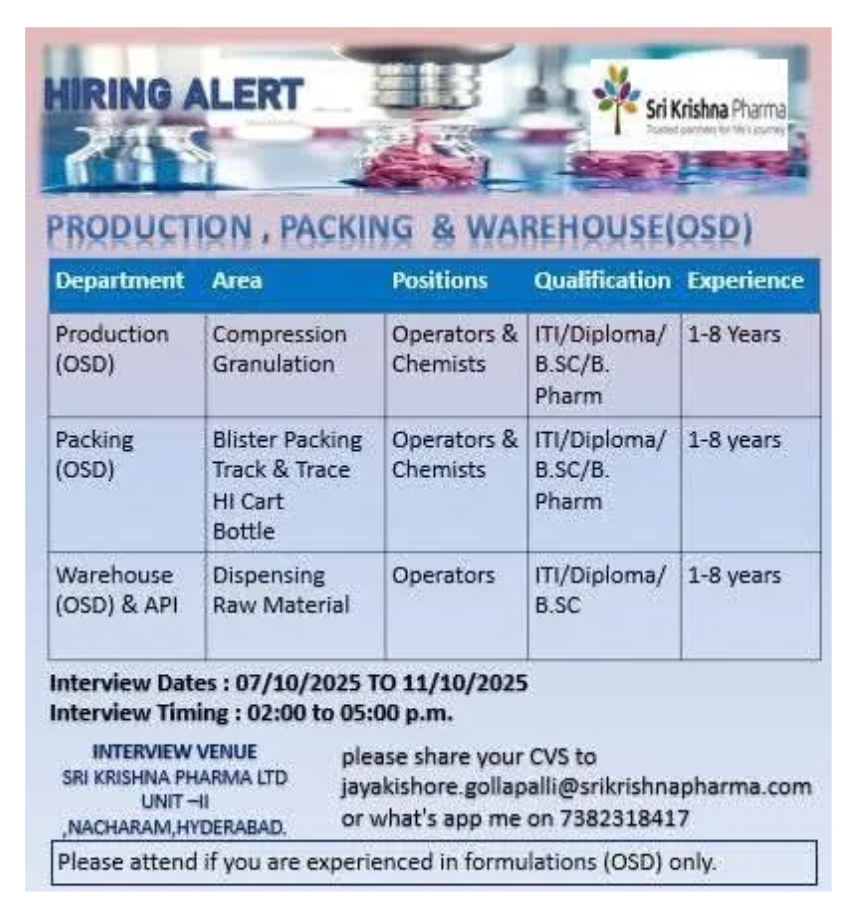 Sri Krishna Pharma Jobs in Hyderabad
