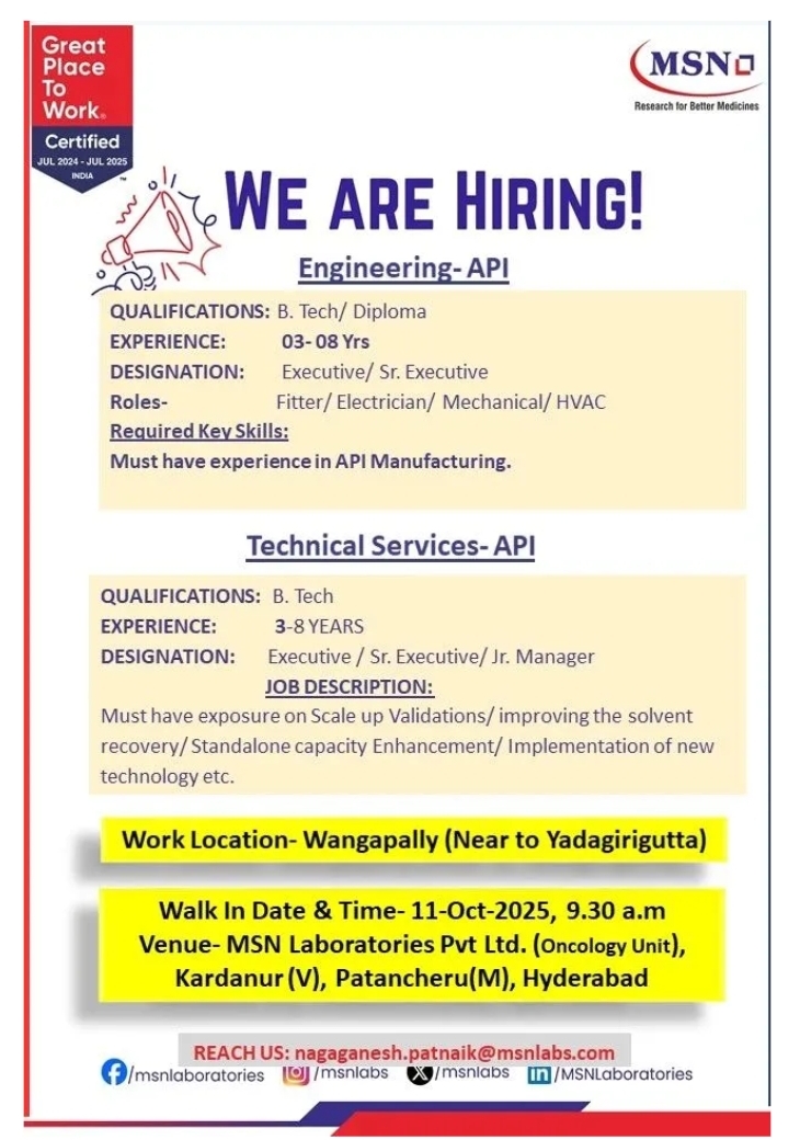 MSN Pharma Jobs in Hyderabad Walk-In 2025