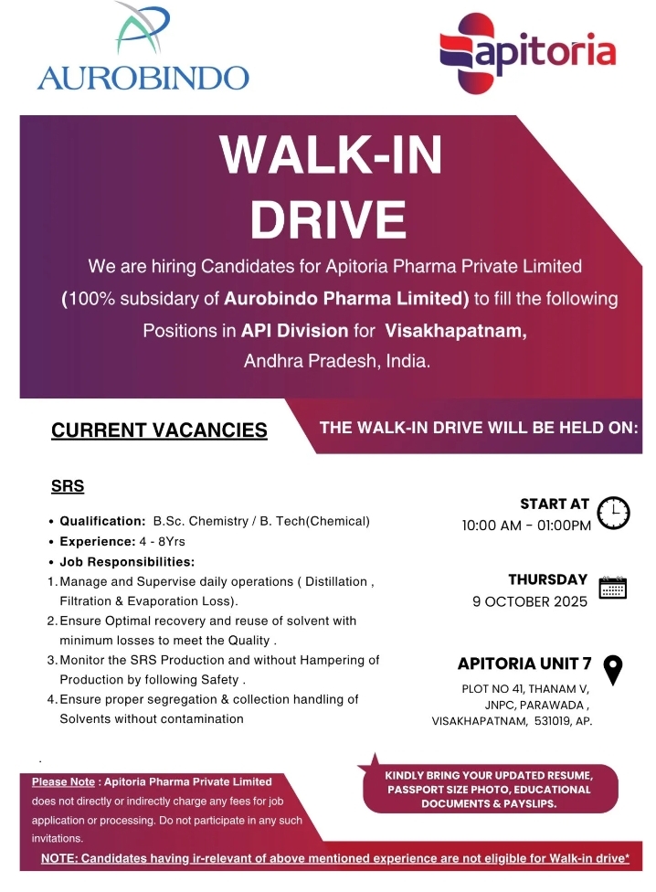 Apitoria Pharma Jobs in Visakhapatnam SRS Openings 2025