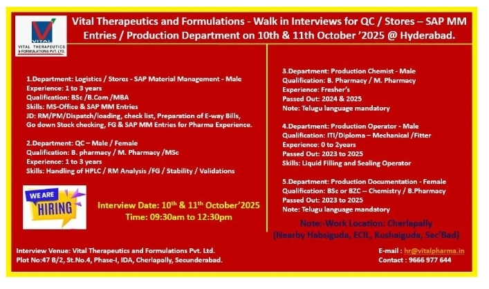 Job Opening – Vital Therapeutics and Formulations Pharma jobs in Hyderabad