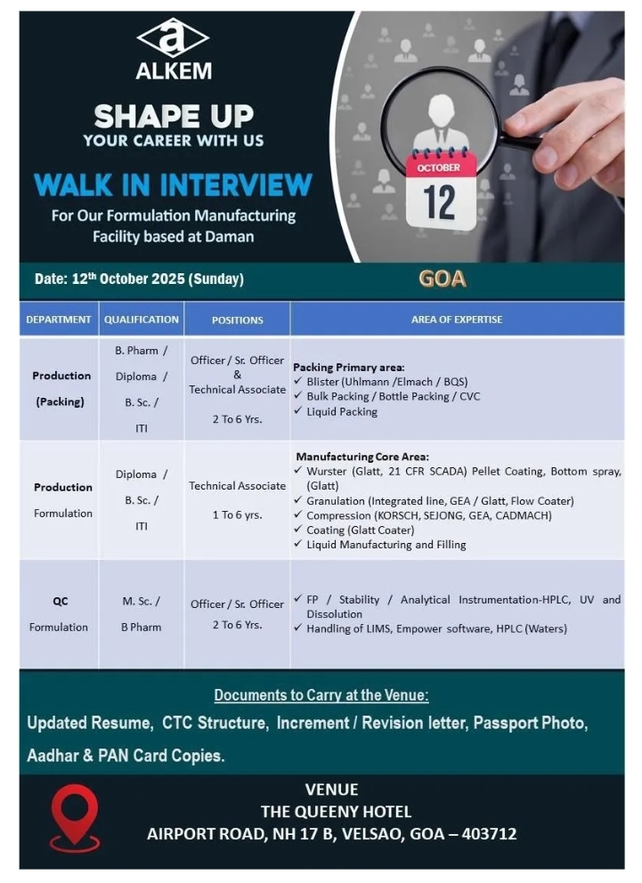 Job Opening – Alkem Pharma jobs in Goa