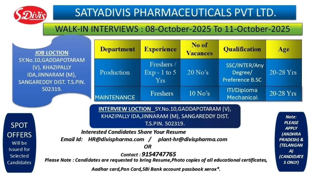 Job Openings at Satyadivis Pharma Hyderabad