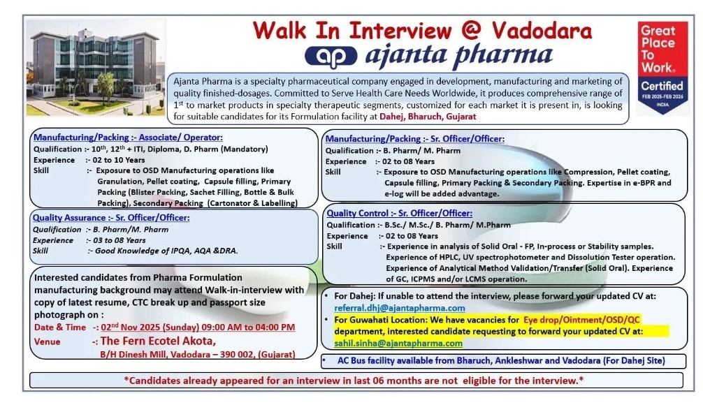 Ajanta Pharma Walk-in Jobs Vadodara Manufacturing & QA