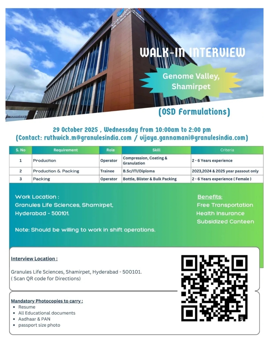 Granules Jobs in Hyderabad OSD Hiring