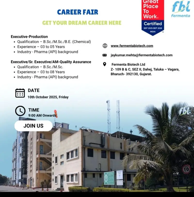 Job Opening – Fermenta Biotech Pharma jobs in Bharuch