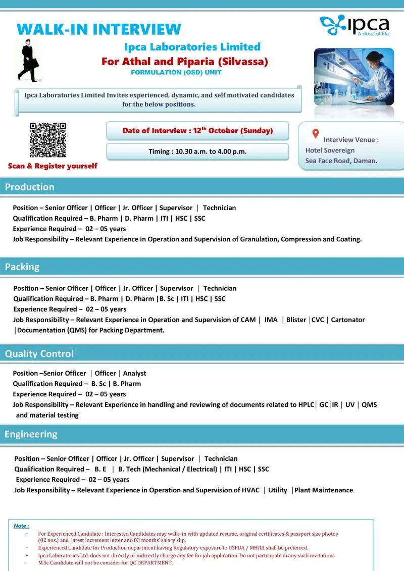 Ipca Laboratories Pharma jobs in Silvassa