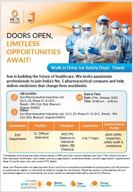 Sun Pharma Jobs in Panoli career opportunity