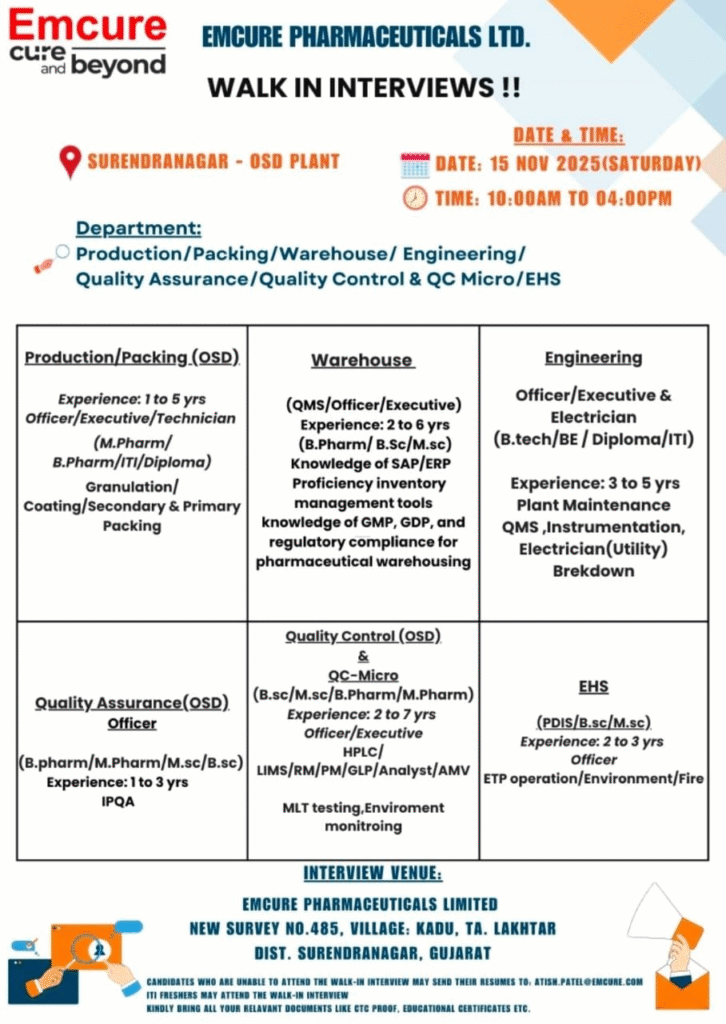 Job Opening at Emcure Pharmaceuticals