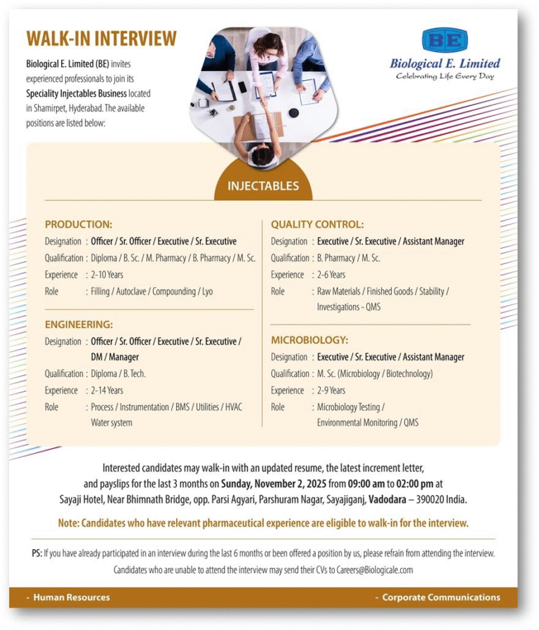 Biological E Limited pharma jobs 2025
